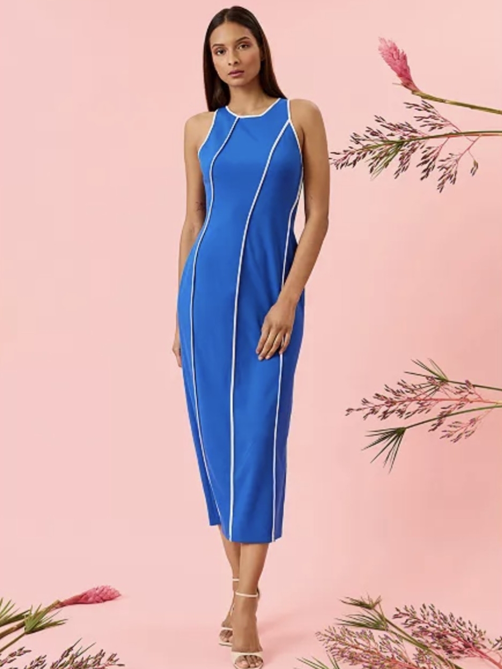 Donna Morgan Cobalt Blue Sleeveless Midi Dress with White Piping